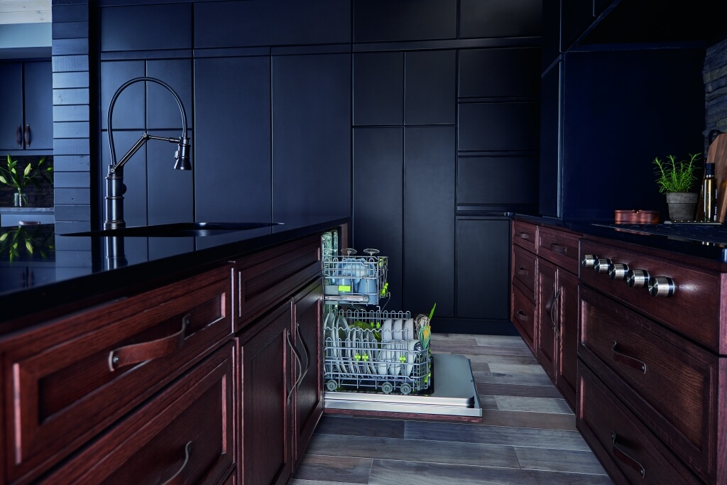 Open Cove Dishwasher in Kitchen With Wood Cabinets