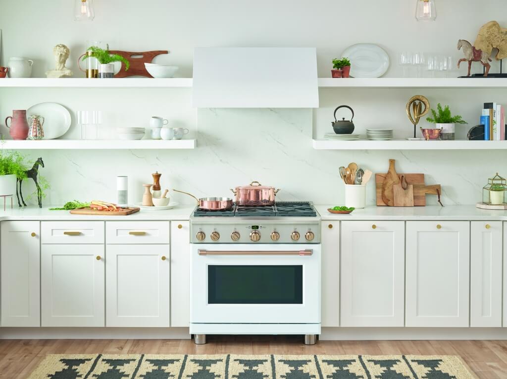 GE Cafe Range in Trendy Kitchen with Open Shelving