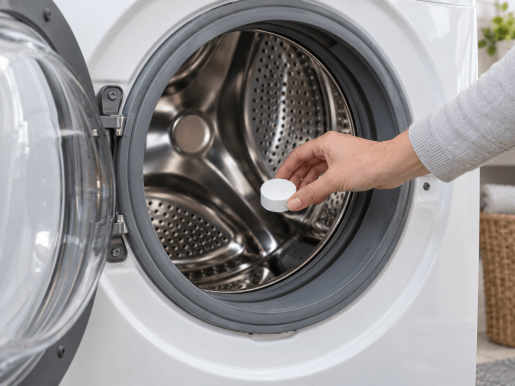 Adding an Affresh washing machine cleaner tablet to a washer