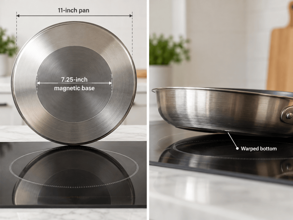 Cookware with magnetic base and a pan with a warped bottom